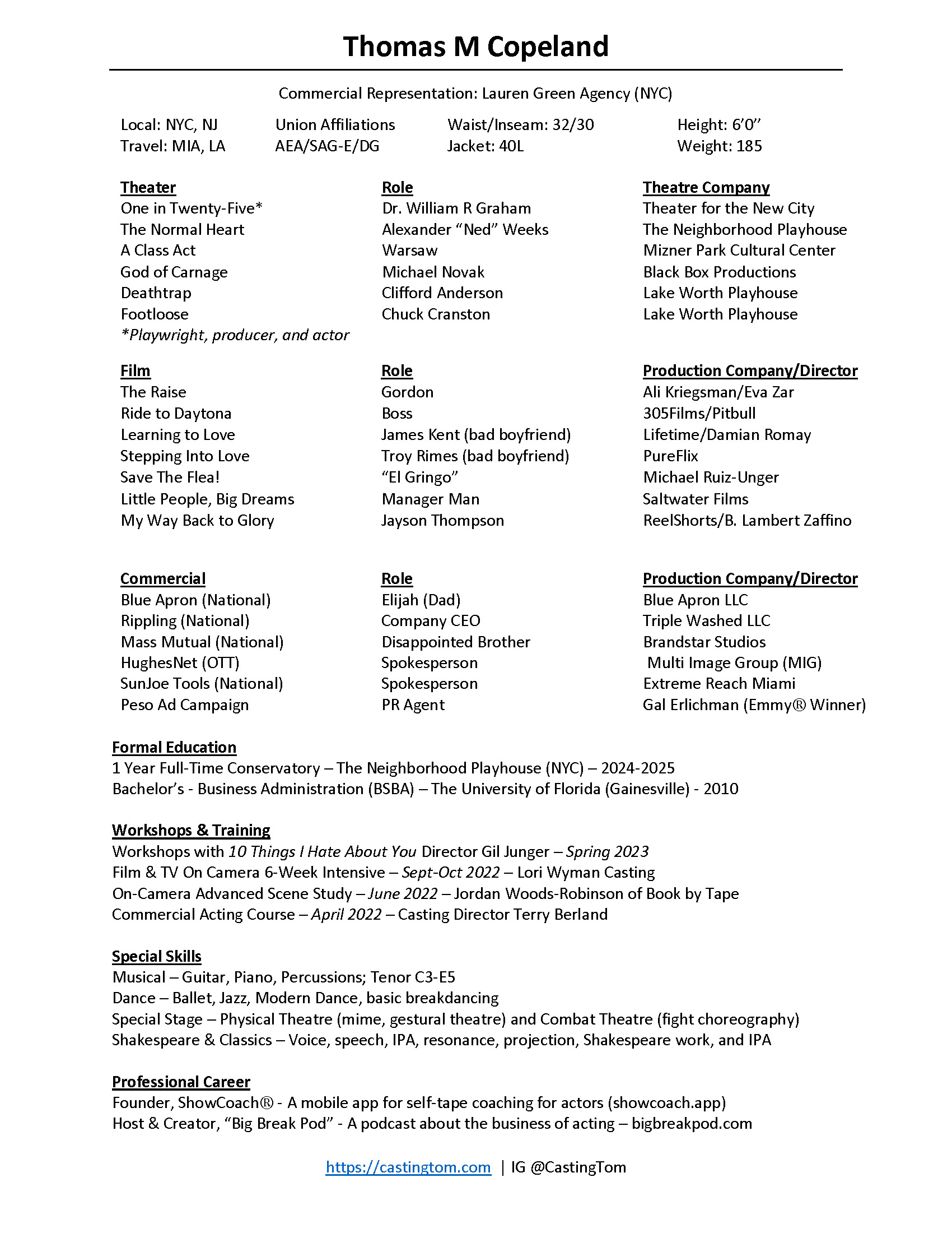 Thomas M Copeland Actor Resume - December 2025